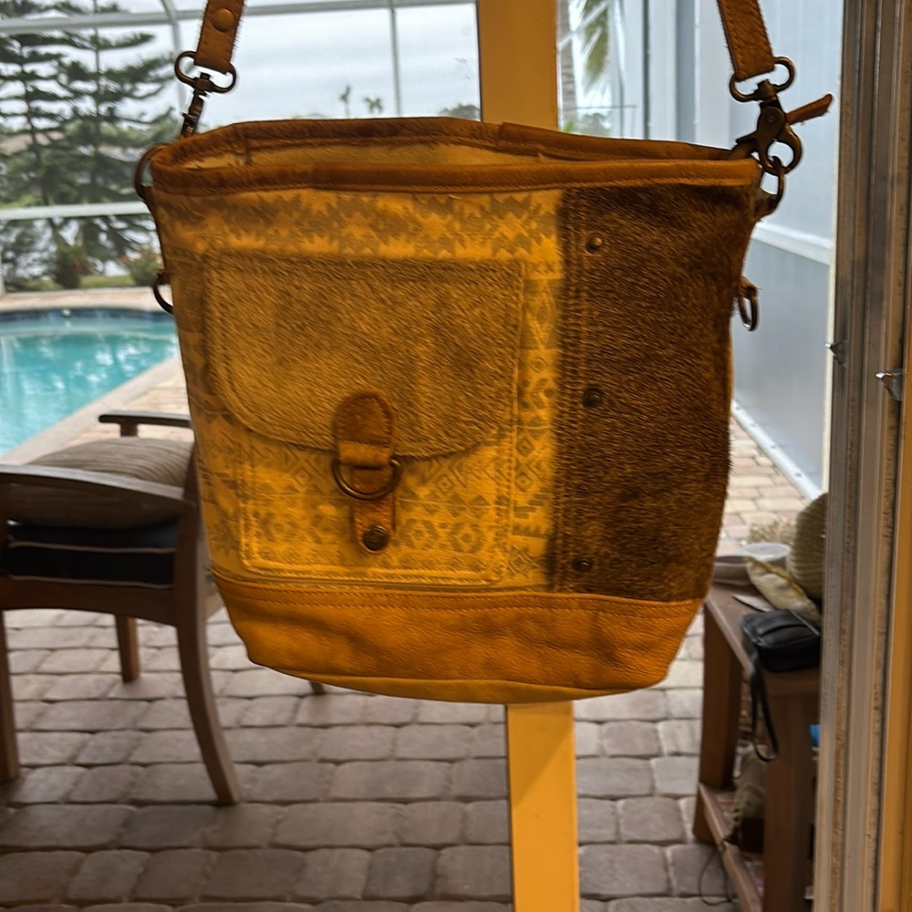 Myra bag, contains fur, leather and canvas. Long leather adjustable handle.’